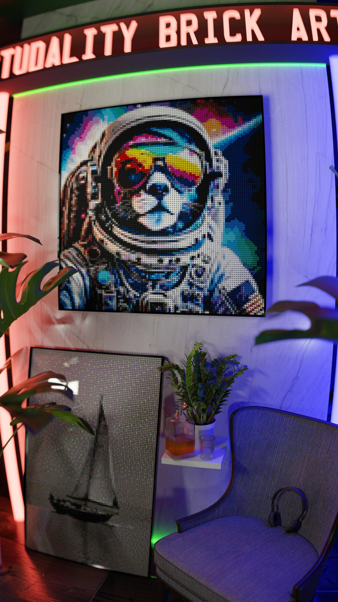 Purrsuit of Space LEGO® Style mosaic wall art made from colorful plastic bricks
